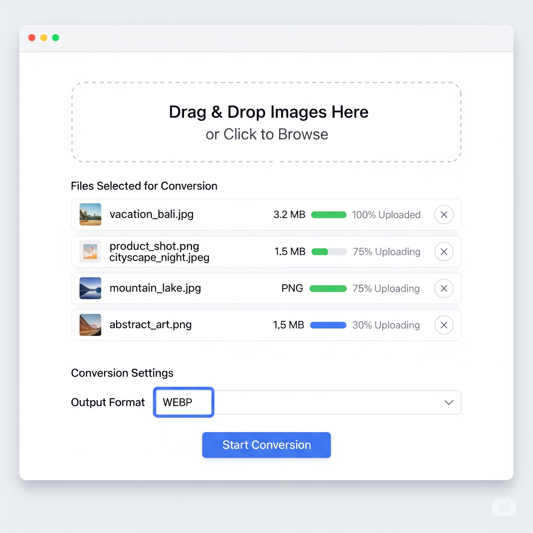 Screenshot of uploading image files for batch conversion