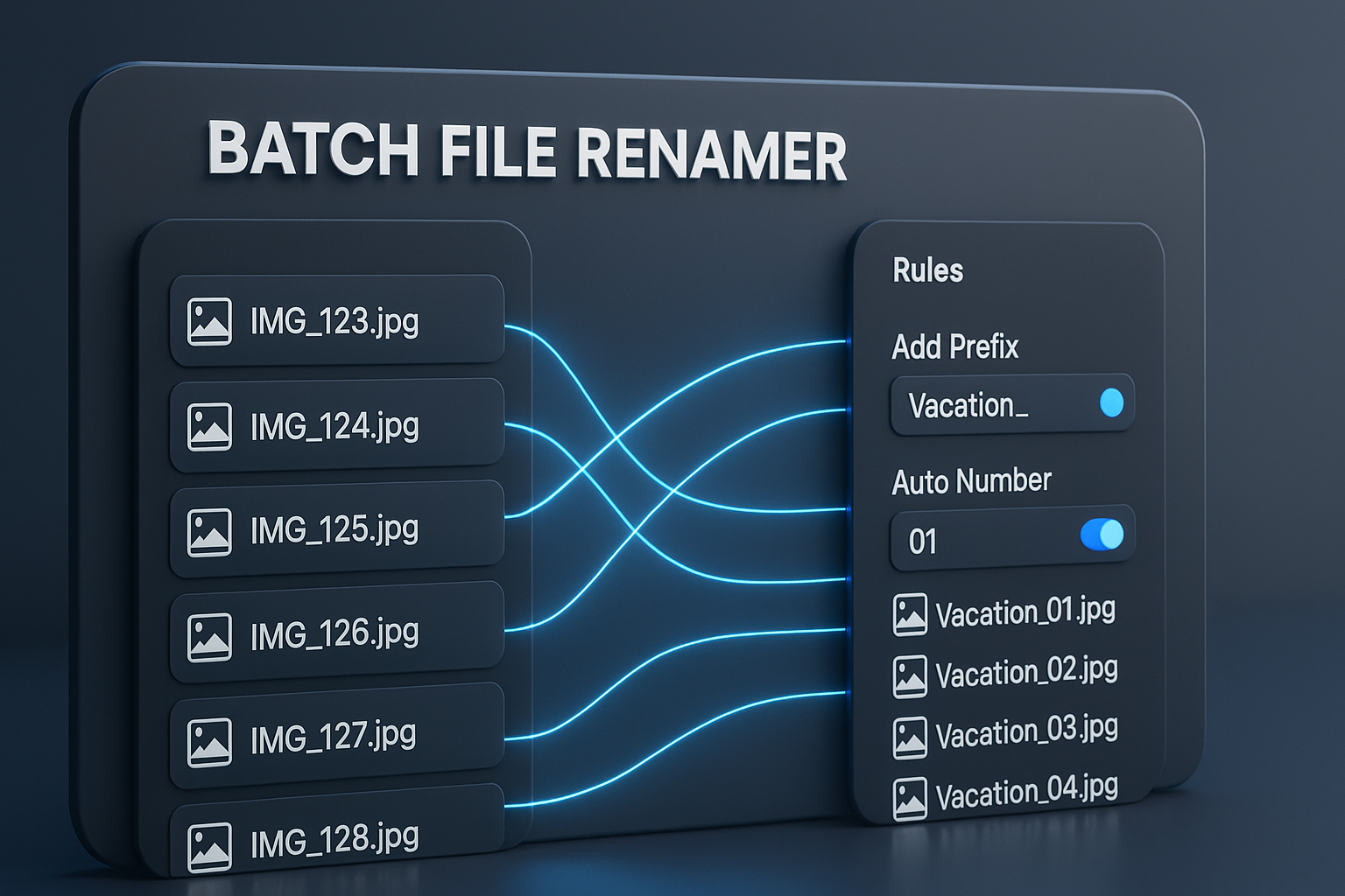 A user renaming multiple files with the OneToolStop online batch file renamer.