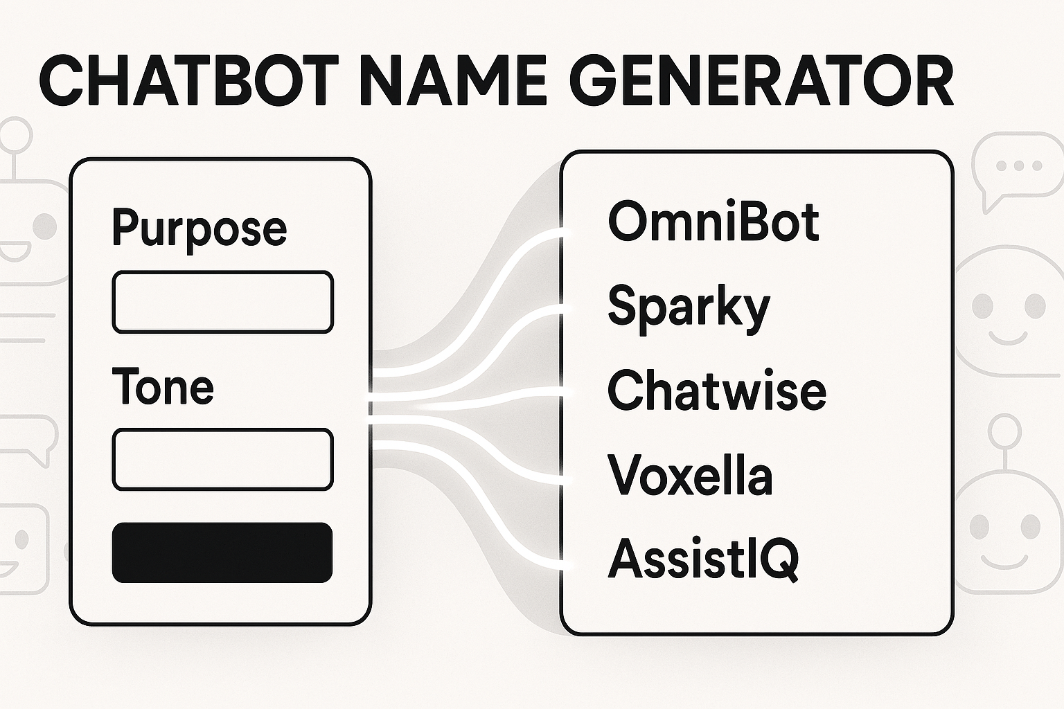 A user generating creative bot names with the OneToolStop chatbot name generator, showing the input fields and a list of suggested names.