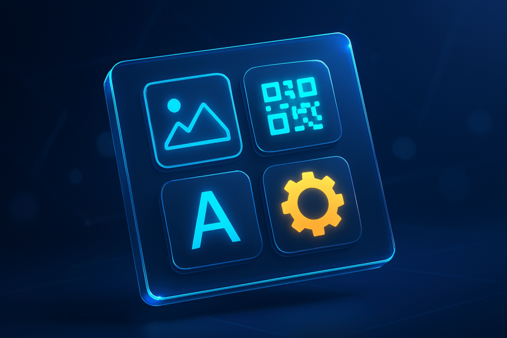 A futuristic digital interface displaying a grid of glowing icons for OneToolStop's collection of free online tools, including image, text, and generator utilities.