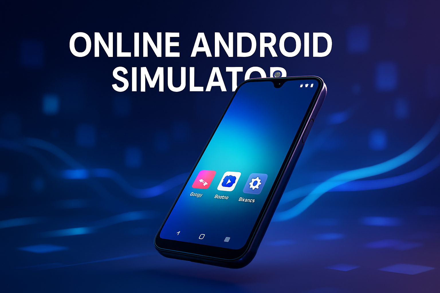A 3D render of a smartphone displaying an Android home screen, representing the online Android simulator.