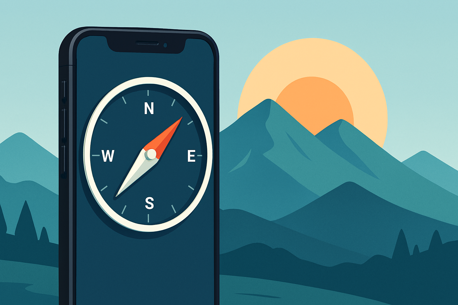 An illustration of a smartphone displaying a digital online compass.