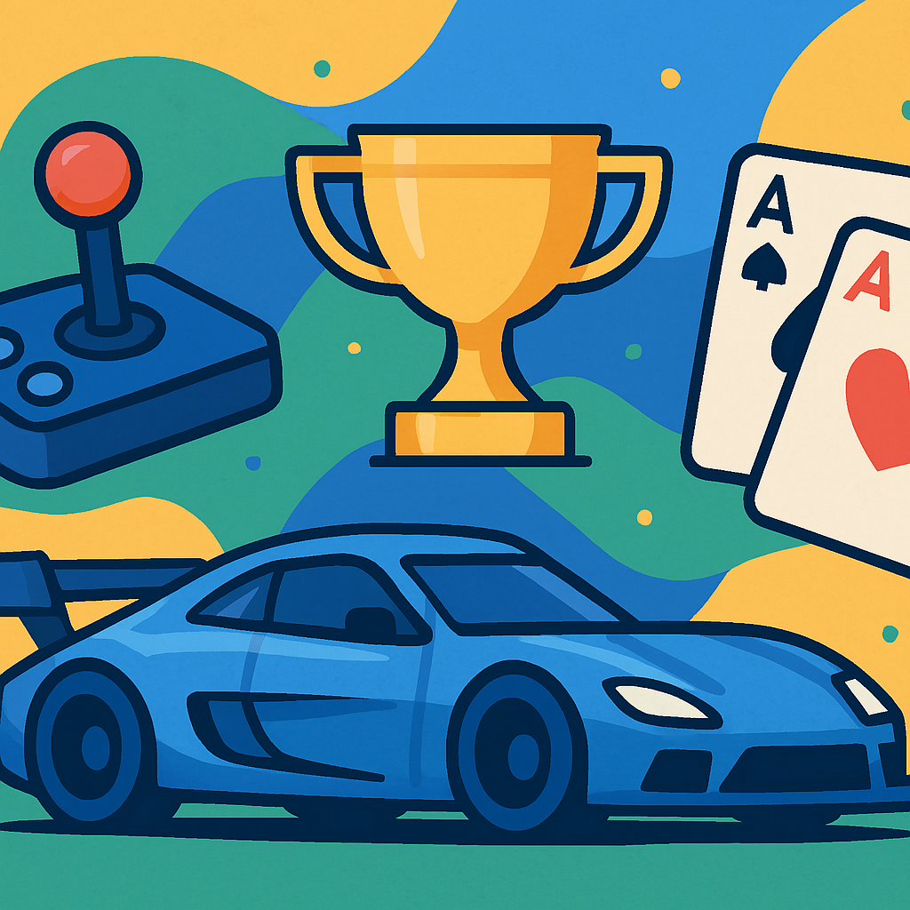 A colorful flat illustration representing the collection of free online games available at OneToolStop, featuring a racing car and other game icons.