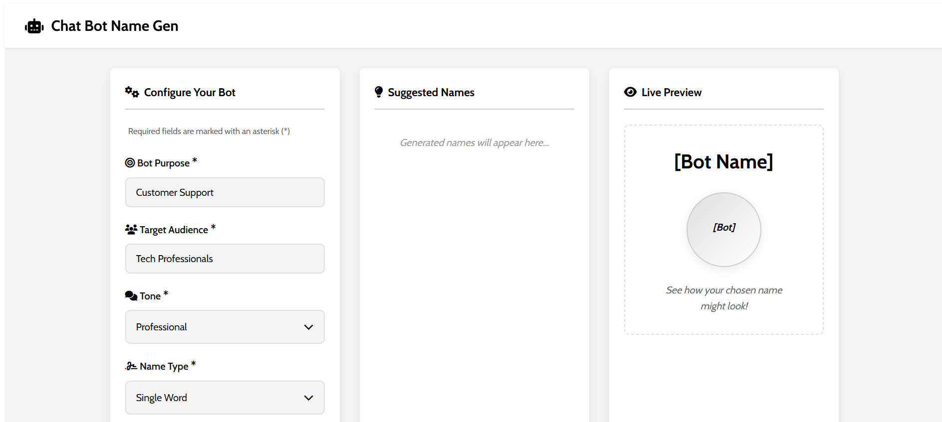 Step 1: Filling out the bot's purpose, audience, and tone in the chatbot name generator.
