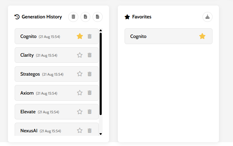Step 3: Saving the best-generated names to the favorites list for later use.