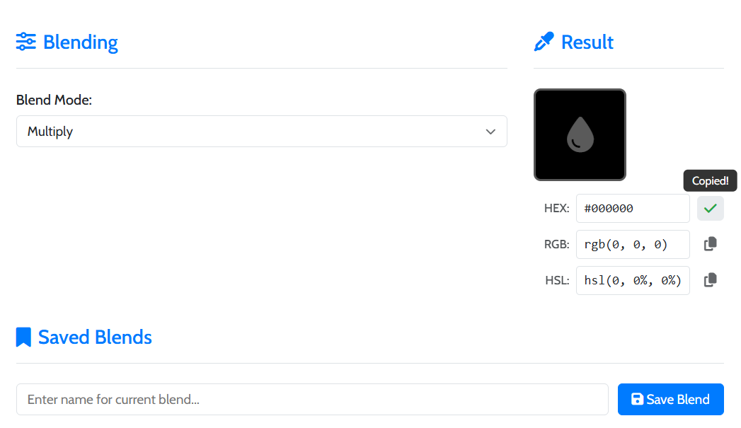 Step 3: Viewing the final blended color and copying its code.