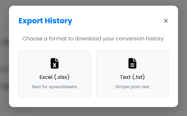 Step 3: Exporting the conversion history as an Excel file.