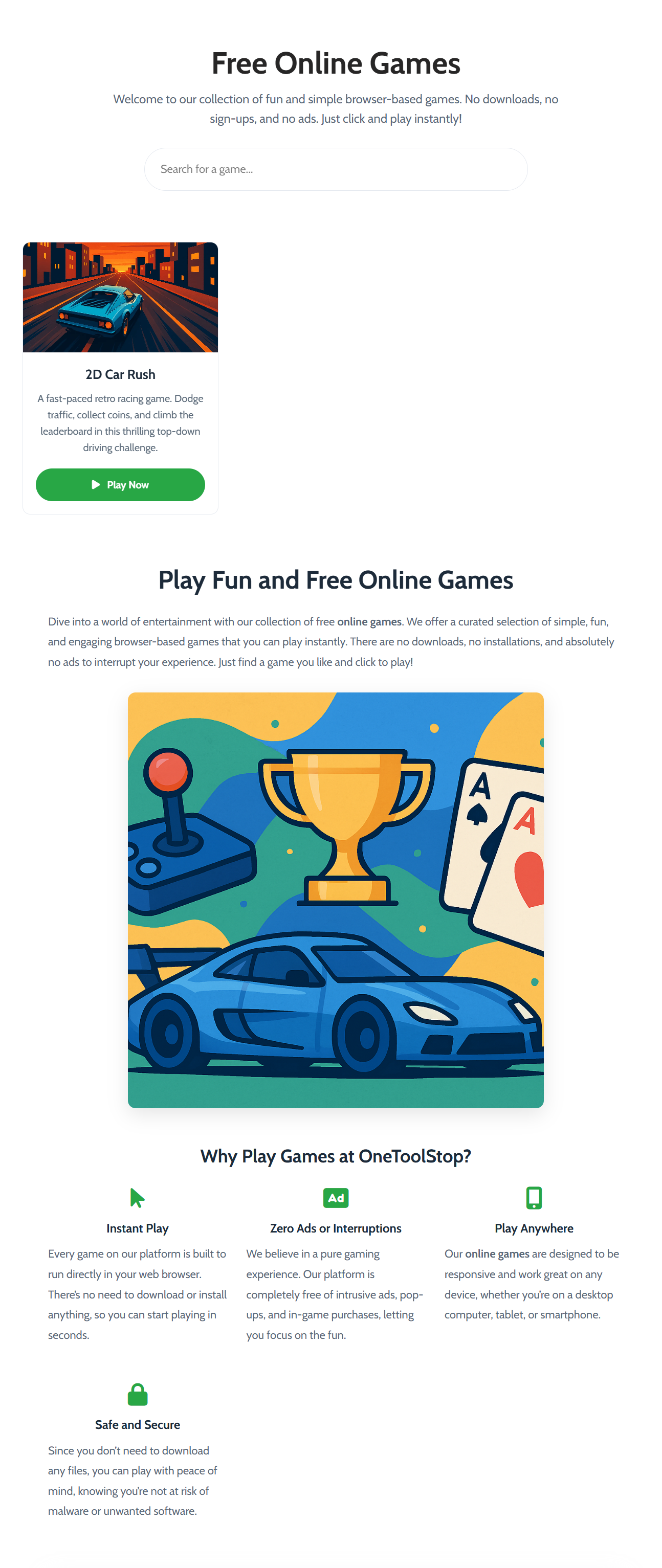 An overview of the game selection on the OneToolStop online games page.