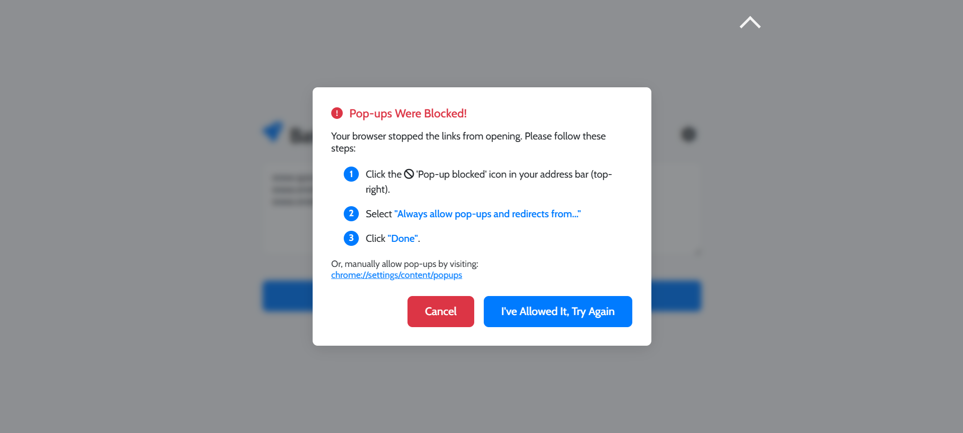 Step 3: The guided help message for allowing pop-ups.