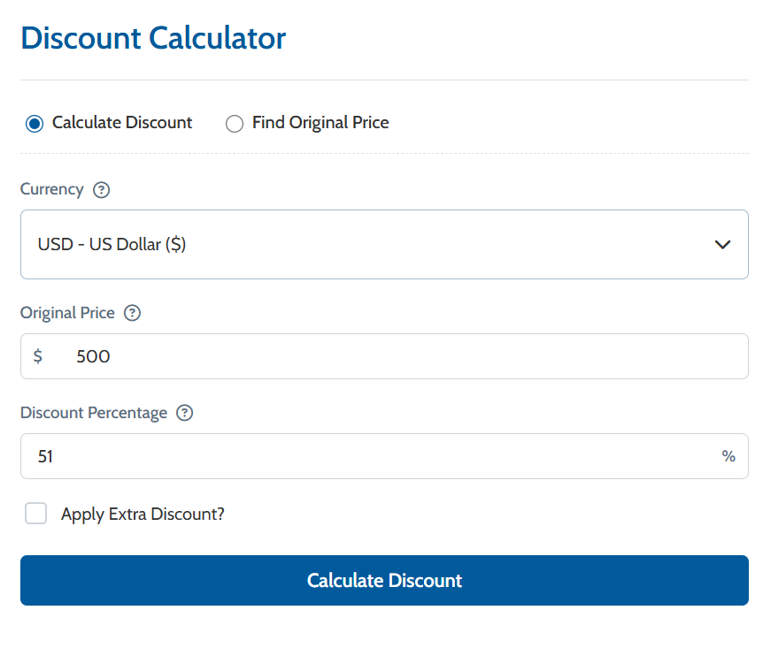 A screenshot showing a user entering an original price and discount.