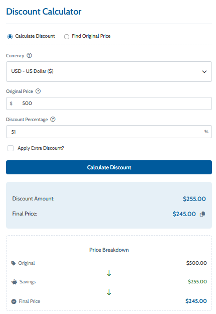 The results section showing the final price and total savings.