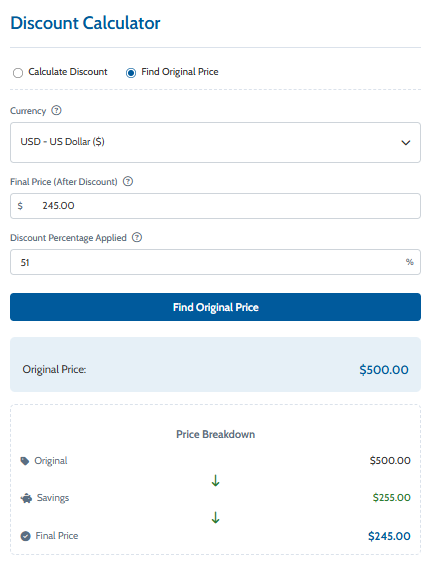 The user switching to 'Find Original Price' mode.
