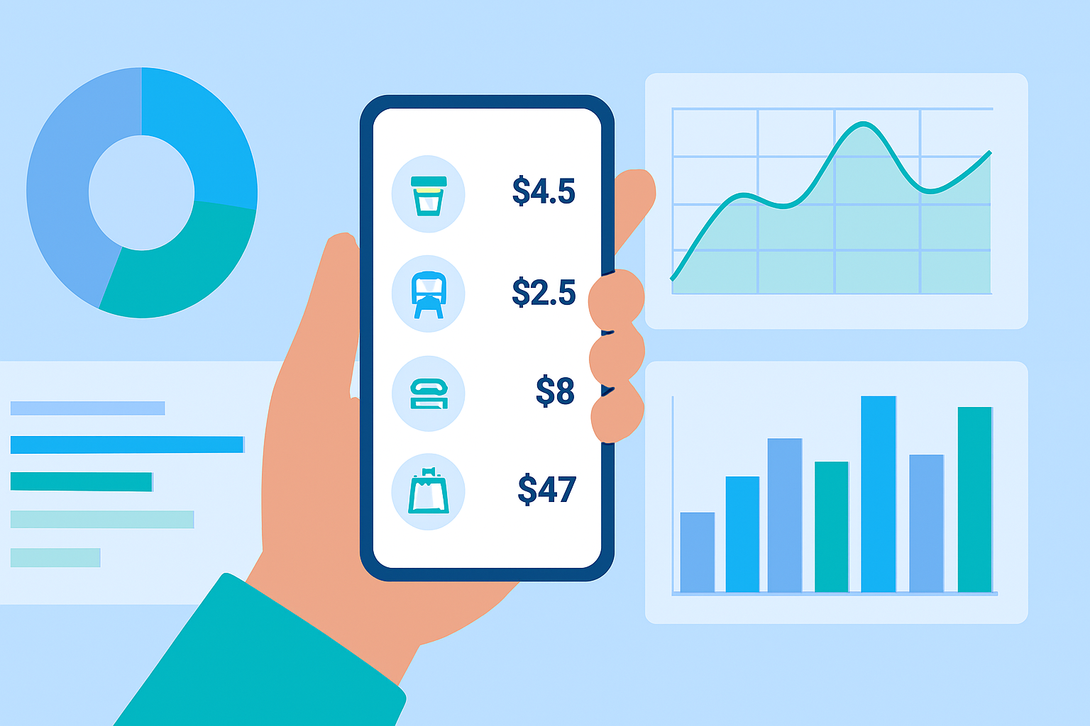 An illustration of the Expense Tracker tool showing a list of expenses and financial charts.