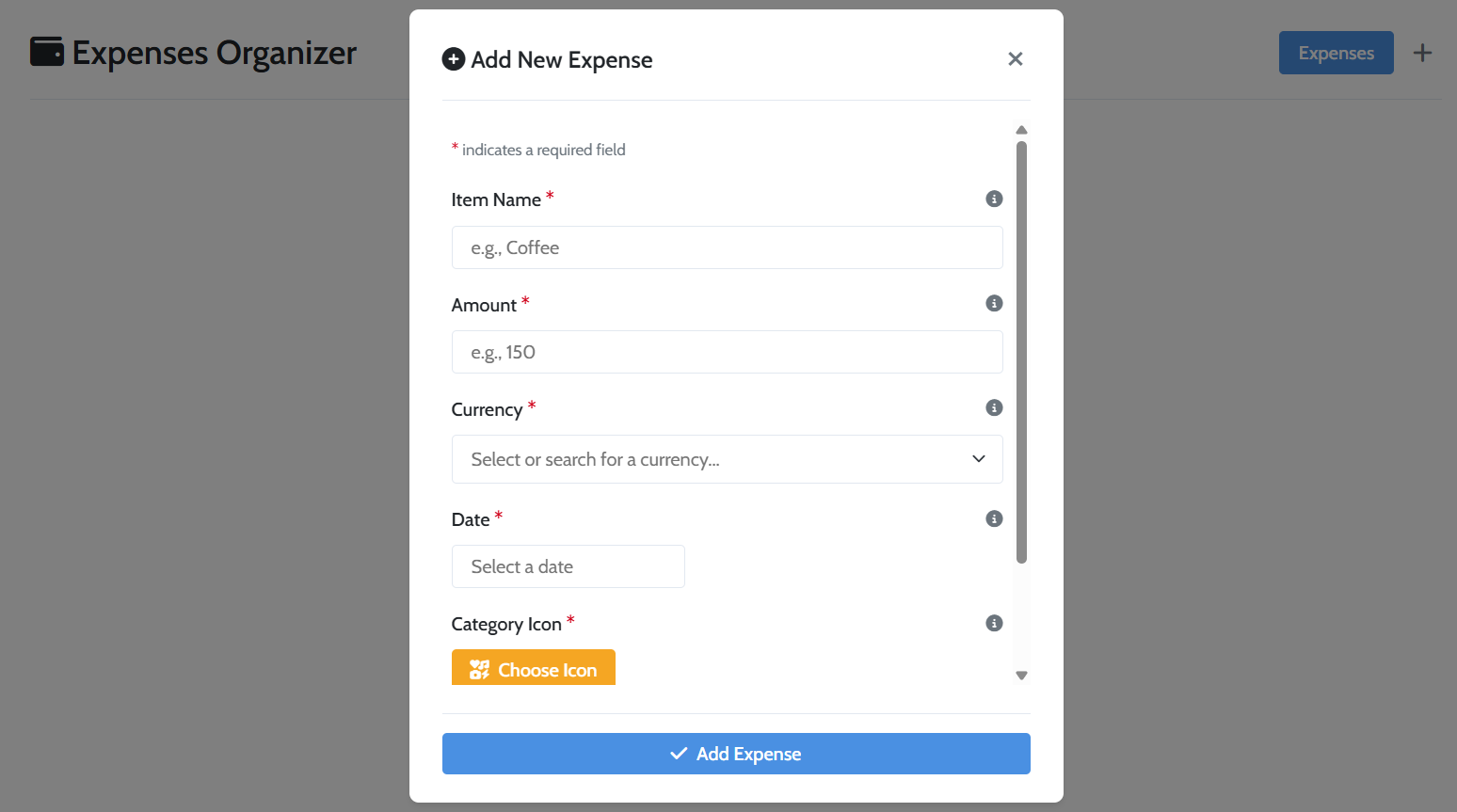 A screenshot showing the 'Add New Expense' modal.