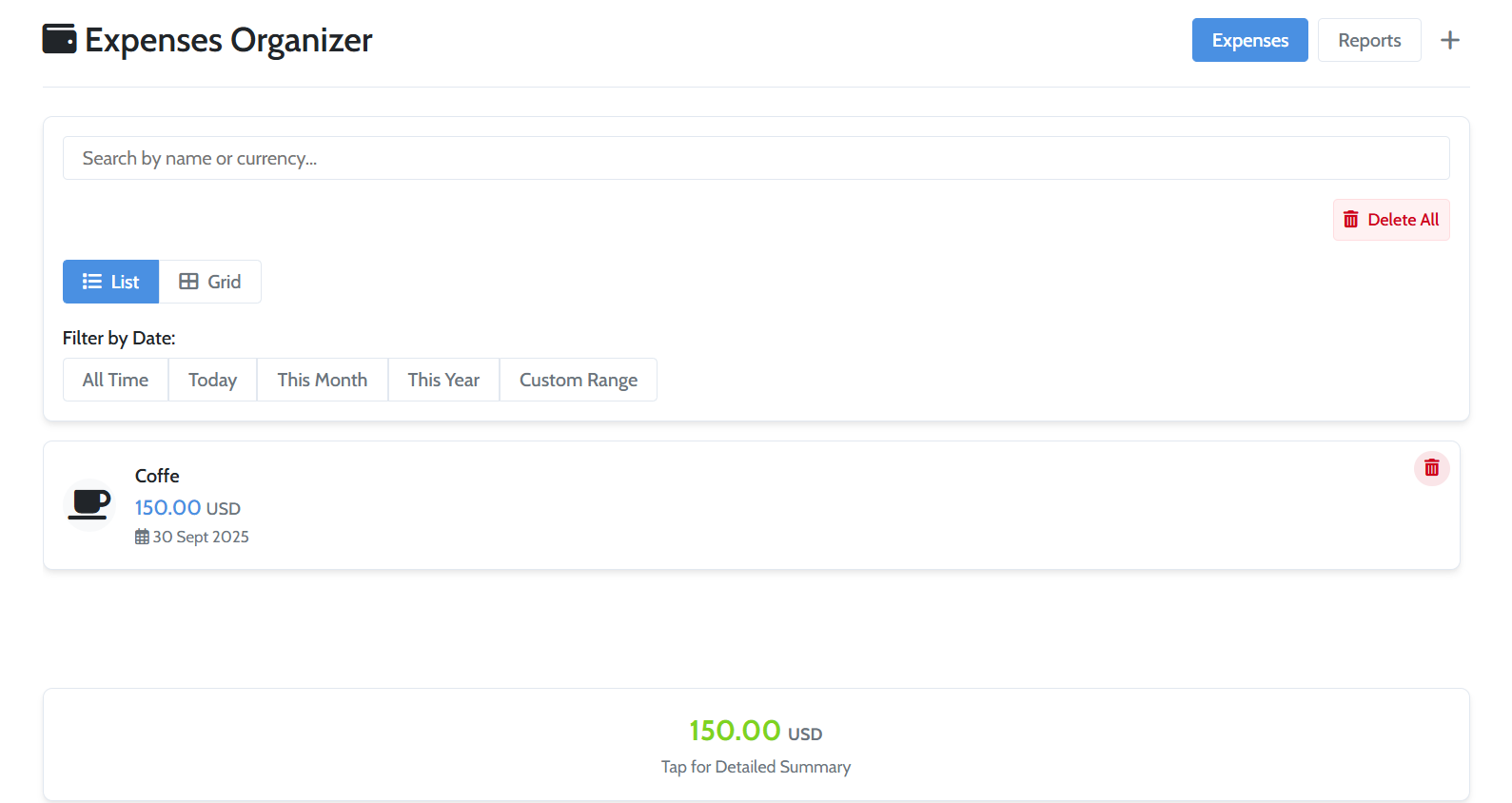 The main dashboard displaying a list of categorized expenses.