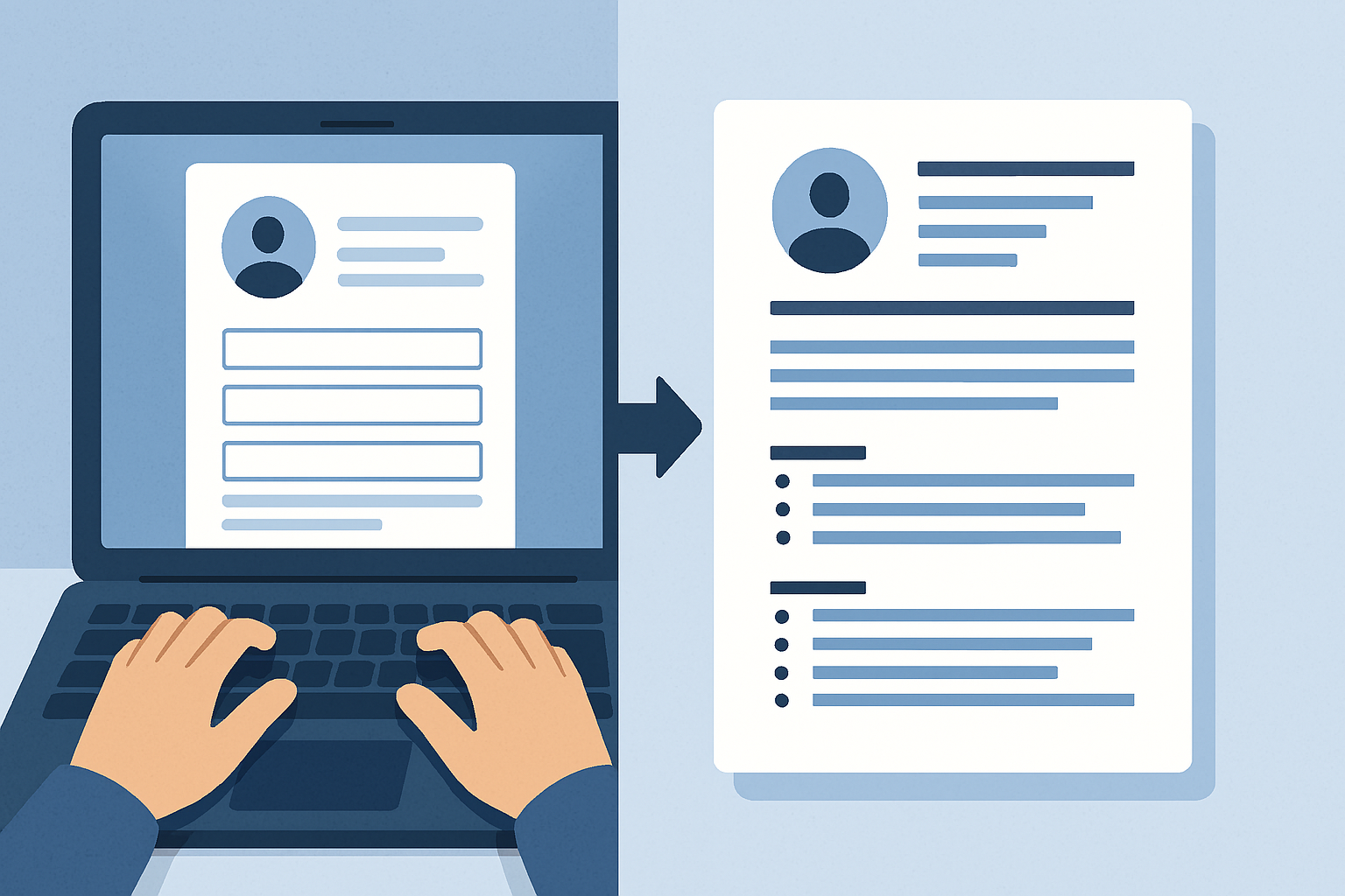 An illustration of the Online CV Maker interface, showing a user entering details and a professional CV appearing in the live preview.