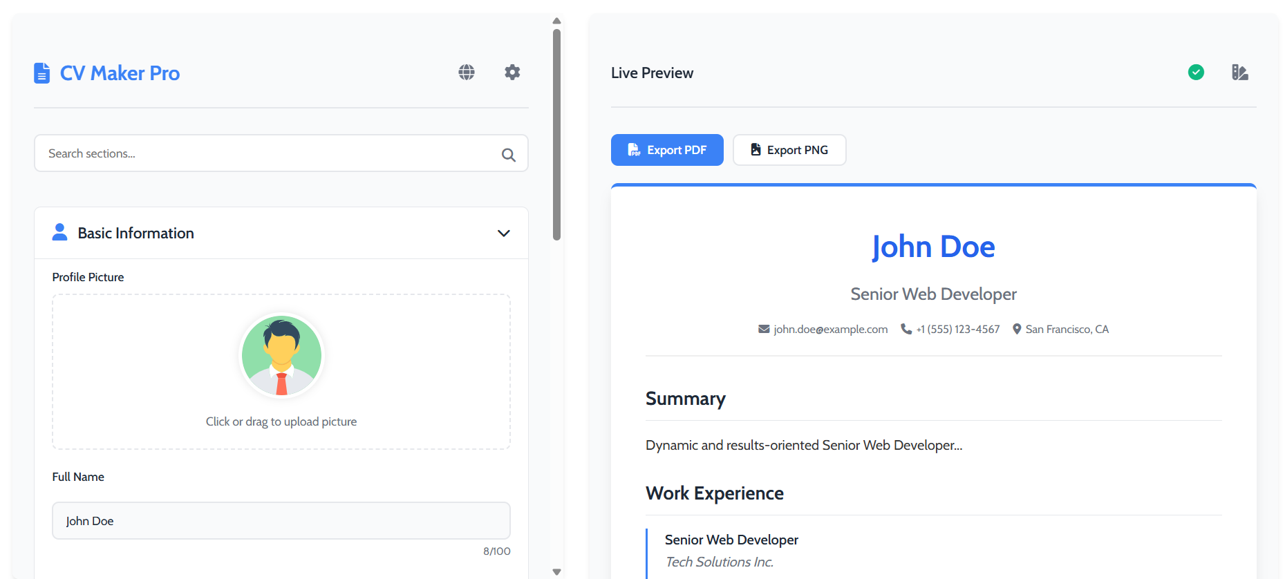 A screenshot of the Online CV Maker's editor.