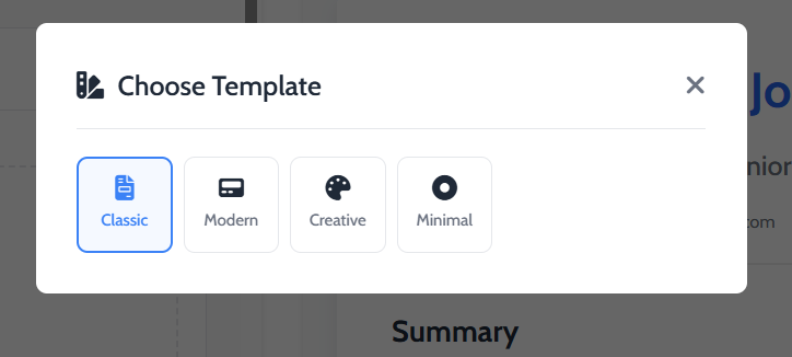 The template selection modal showing four distinct CV designs.