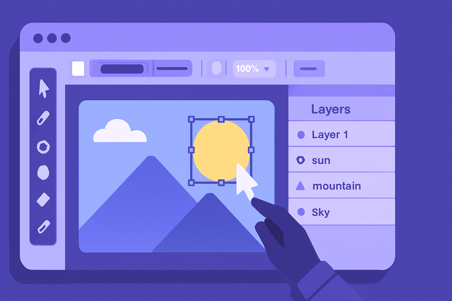 An illustration of the Online Drawing Tool interface, with a layers panel and shape tools visible.
