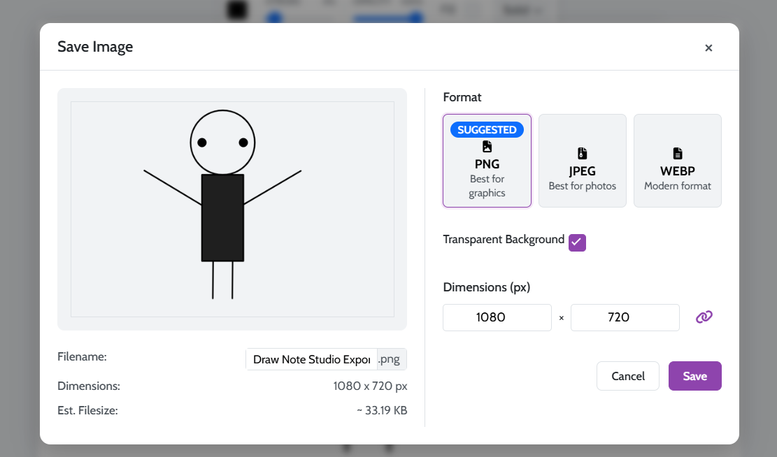 The export modal showing options to save as PNG, JPG, or WebP.