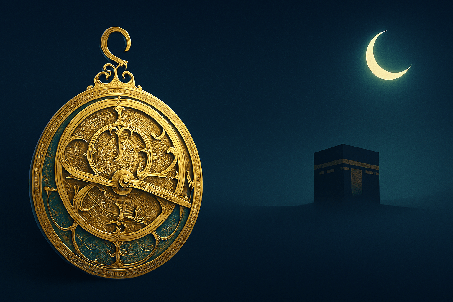 An ornate golden Islamic astrolabe representing tools for prayer times and Qibla direction, with the Kaaba and a crescent moon.