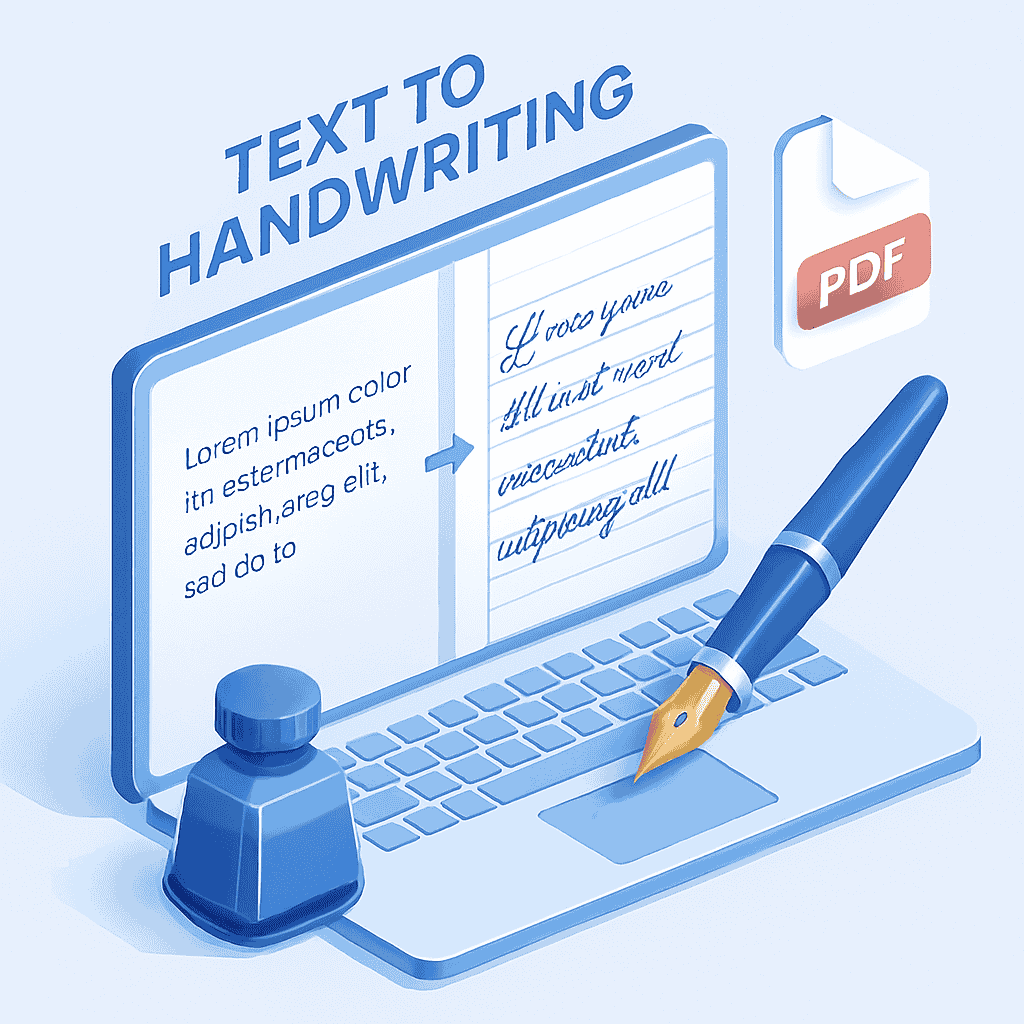 Interface of the Text to Handwriting tool showing digital text converting to a handwritten note on lined paper.